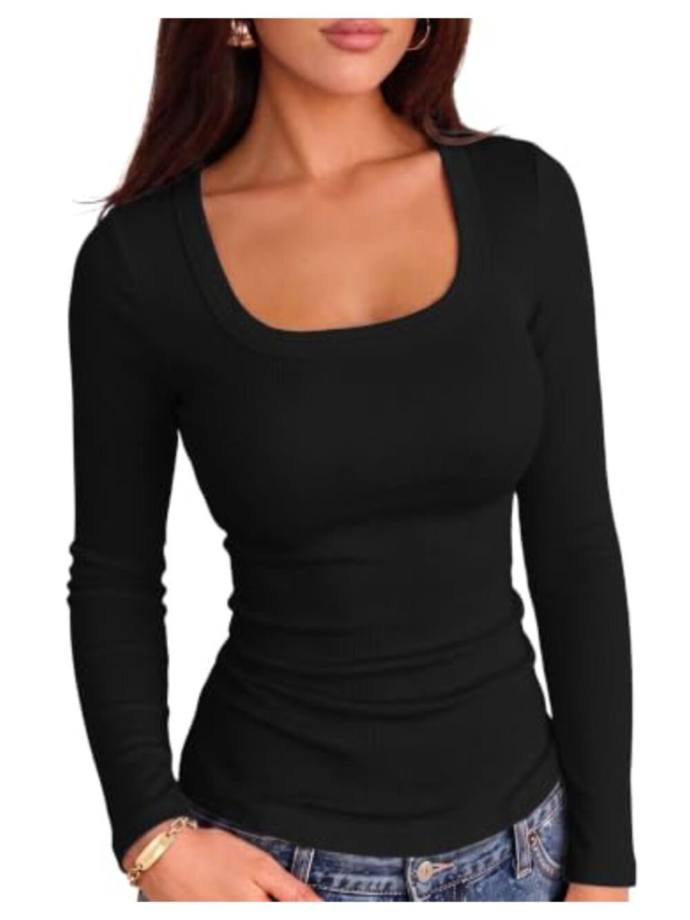 Square Neck Ribbed Knit Slim Fit Long Sleeve Casual Top